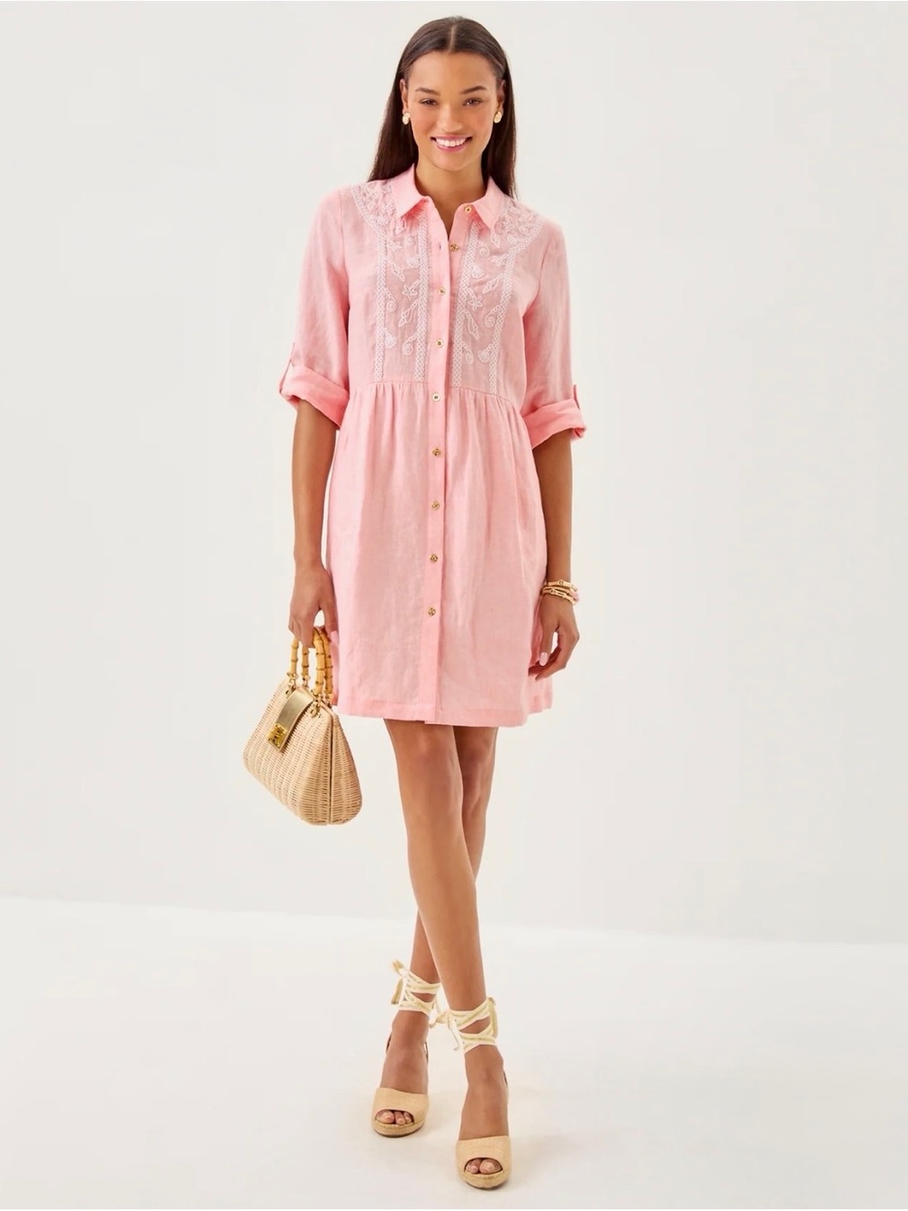 Lilly Pulitzer Shaela Linen Shirt Dress Pink Shell Coastal Embroidery Size Large